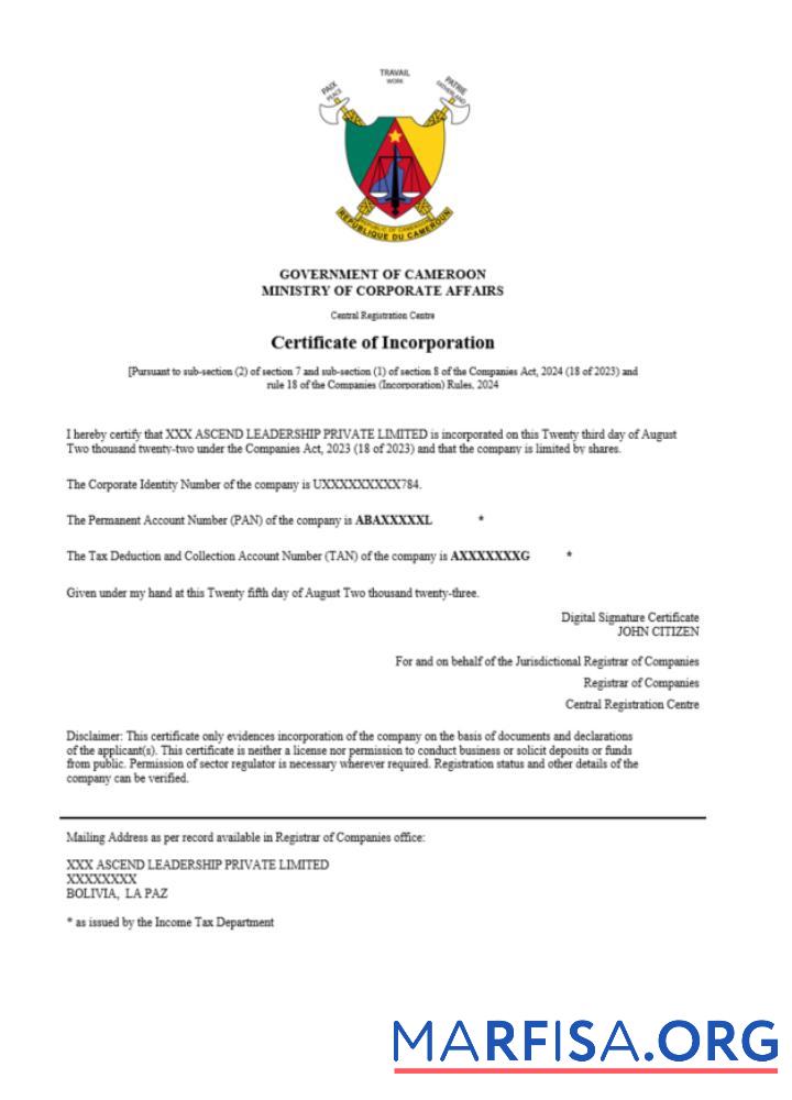 Printable Cameroon certificate of registration Word and PDF template